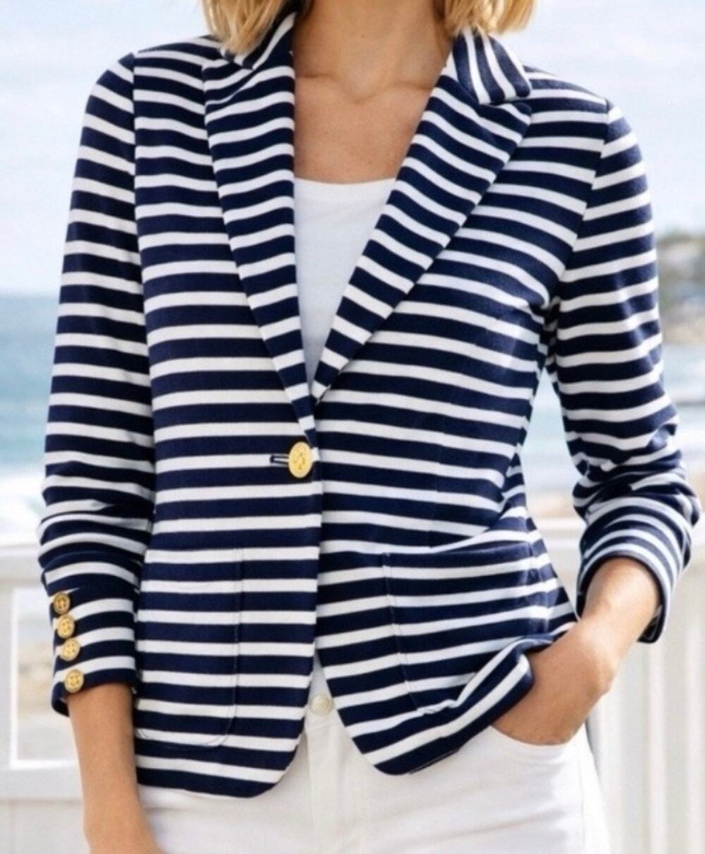 Ralph Lauren LRL Navy Blue Striped Blazer Gold Crest buttons Preppy Nautical - L